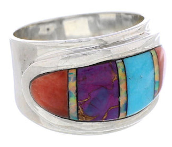 Southwestern Sterling Silver Multicolor Inlay Ring Size 7-1/4 UX36208